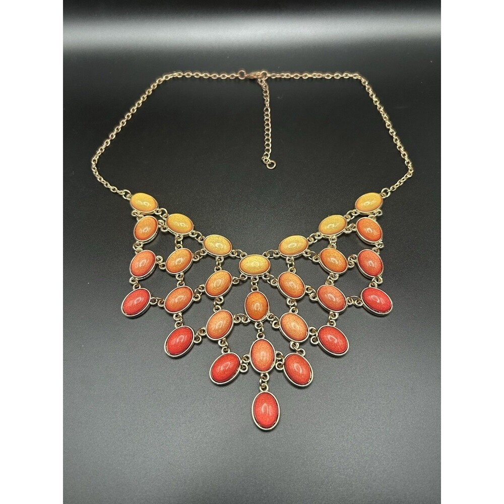 Sunset Ombre Statement Bib Necklace Gold Tone Shimmer Cabochon Boho Chandelier